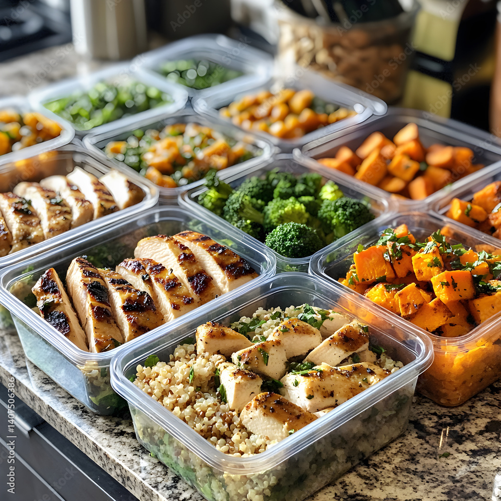 Obraz premium Contemporary kitchen countertop with assorted meal prep containers and fresh ingredients