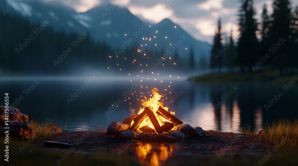 Bonfire burning by the lake at twilight with sparks flying