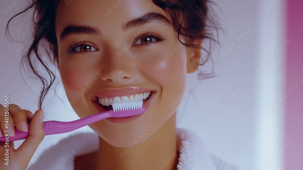 Beautiful smiling woman brushing teeth with a purple toothbrush