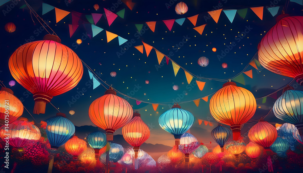 Fototapeta premium Colorful lanterns and festive decorations illuminate the night sky