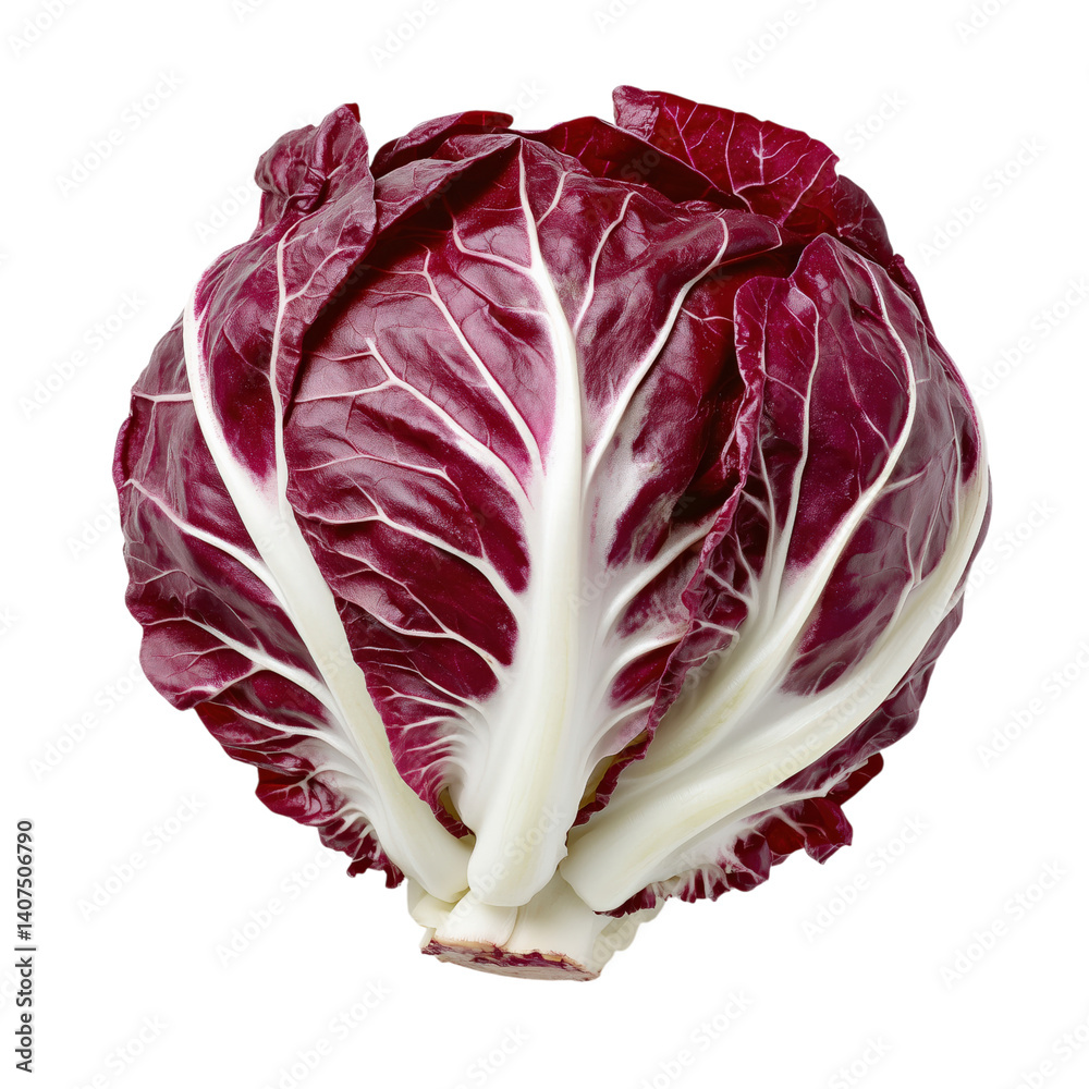 Obraz premium Whole fresh radicchio cabbage with deep purple leaves and white veins, isolated on transparent background for food or diet themes.