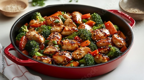 Delicious chicken stir fry with broccoli and carrots sprinkled with sesame seeds