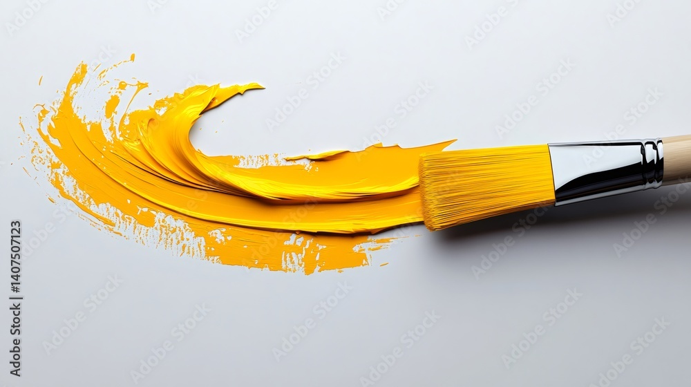 Paintbrush creating a vibrant yellow swirl on white canvas