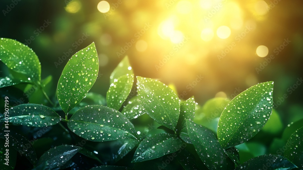 Green leaves covered with dew reflecting warm sunlight
