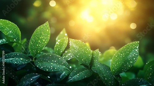 Obraz na płótnie Green leaves covered with dew reflecting warm sunlight w salonie