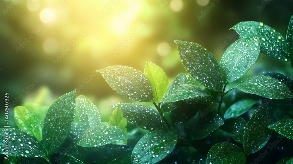 Fresh green leaves covered with dew reflecting sunlight
