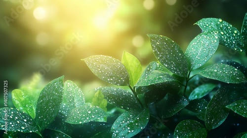 Obraz na płótnie Fresh green leaves covered with dew reflecting sunlight w salonie