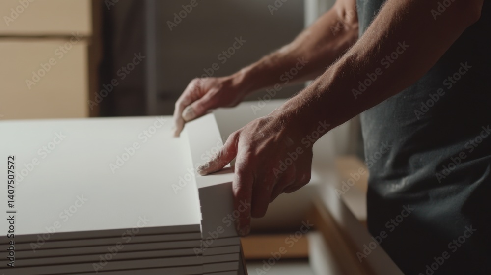 Obraz premium Construction worker handling drywall sheets for installation. Featuring organization and care