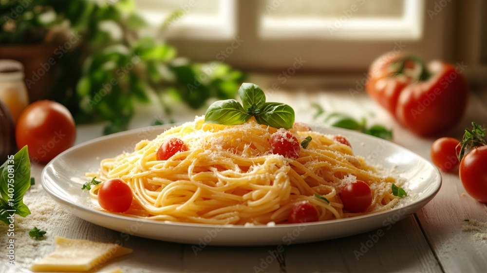Delicious spaghetti with cherry tomatoes and basil on white plate