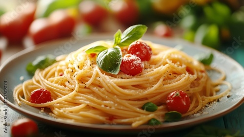 Delicious spaghetti with cherry tomatoes and basil leaves is being served on a plate