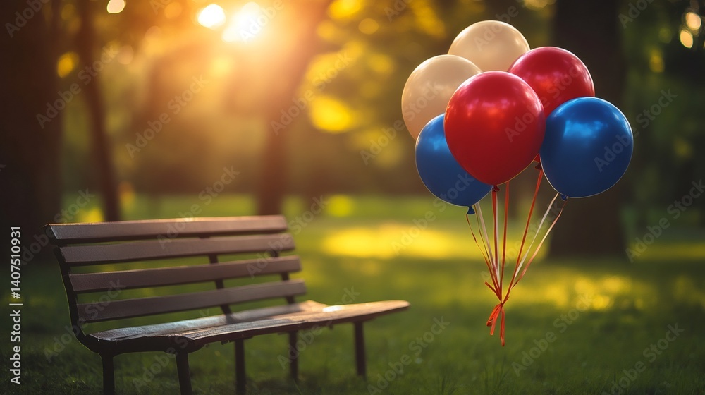 Red, white and blue balloons floating near park bench at sunset