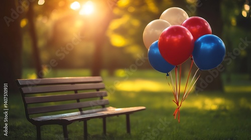 Obraz na płótnie Red, white and blue balloons floating near park bench at sunset w salonie