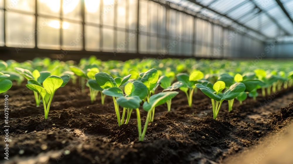 Seedlings growing inside greenhouse under sunlight