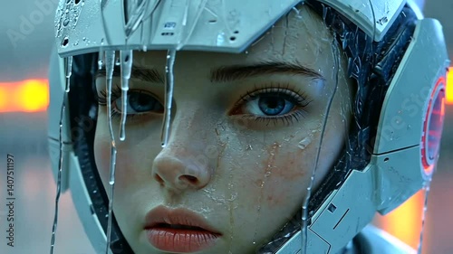 Wet futuristic helmet, girl's face, city backdrop, sci-fi concept art