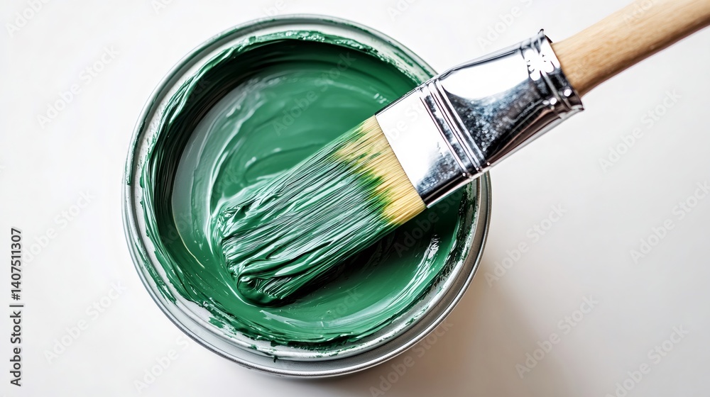 Paint brush dipping in green paint can on white background