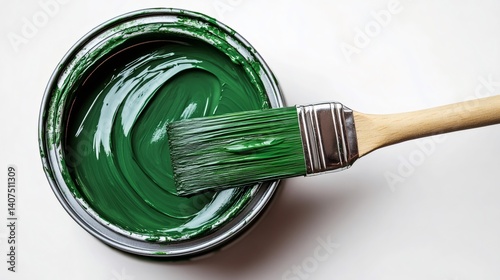 Paint brush dipping into green paint can on white background