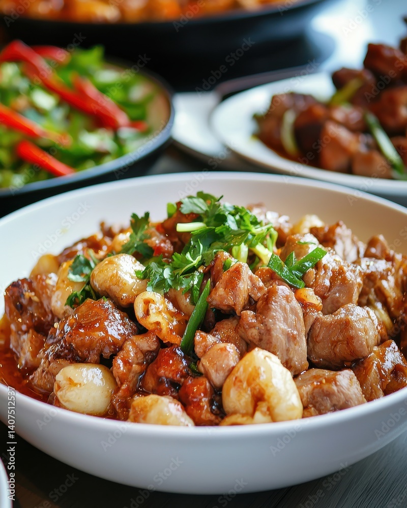 Savory Asian Cuisine: Delicious Meat and Vegetable Dish, Garnished with Fresh Herbs, Ready to Serve. Restaurant Food Photography Savory Asian Cuisine: Delicious Meat and Vegetable Dish, Garnished with Fresh Herbs, Ready to Serve. Restaurant Food Photography