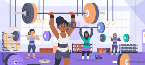 Multiracial group of athletic women lifting weights in gym. Team strength training flat vector illustration