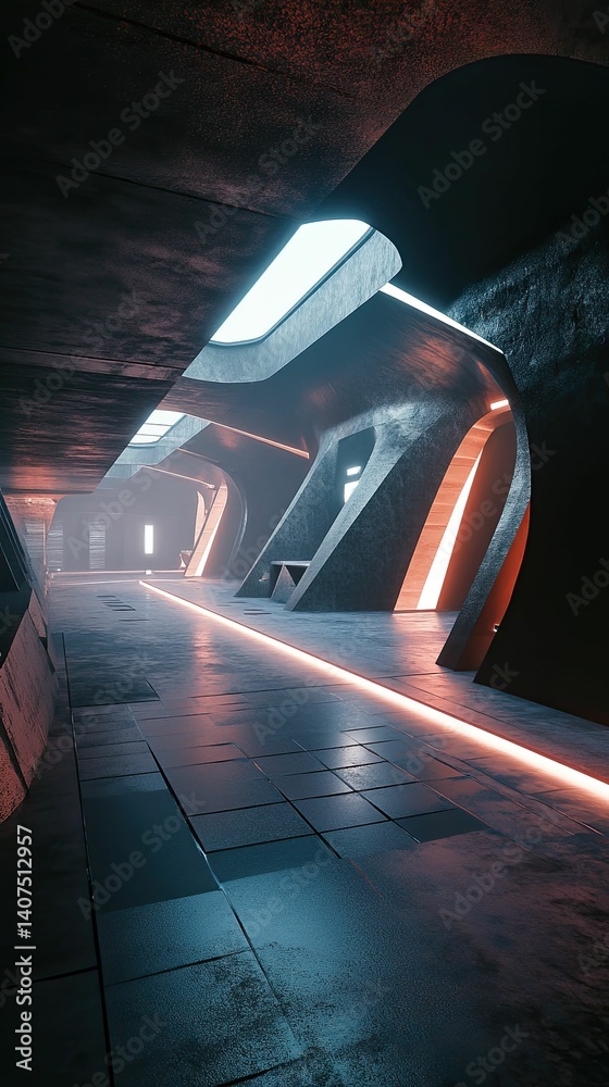 Fototapeta premium Futuristic corridor glowing orange blue concrete