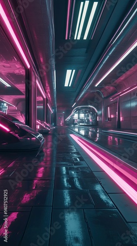 Futuristic pink neon corridor sleek vehicles parked