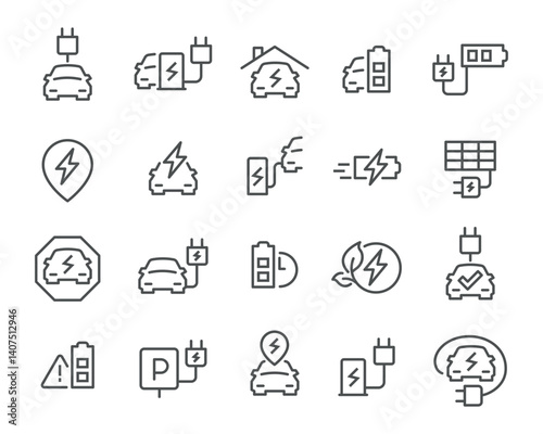 Vector icon set in linear style on the theme of EV charging stations and sustainability. Includes icons of charging stations, electric cars, batteries, and solar panels. Icons are ready to use.