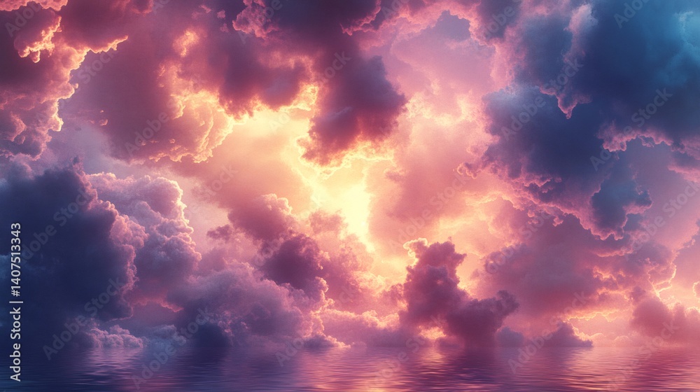 Dramatic pink and purple clouds reflecting on calm water surface