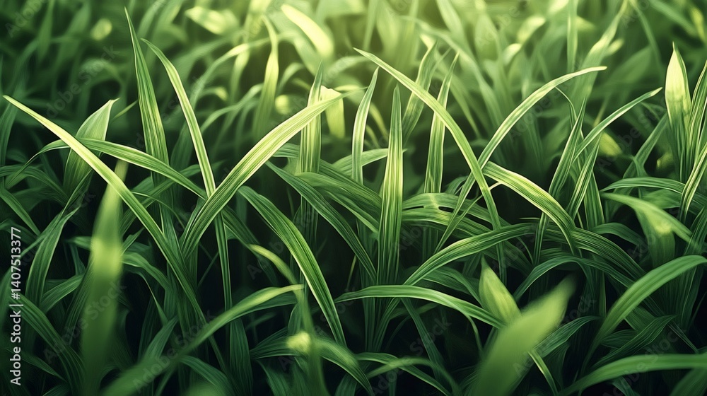 Green grass blades growing in sunlight, lush vegetation background
