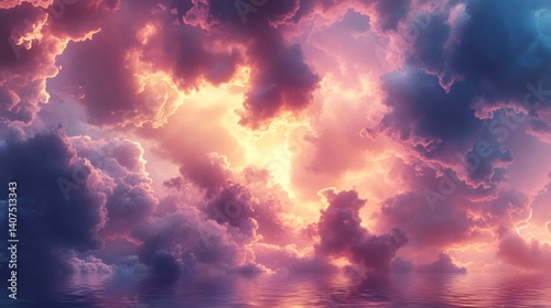 Obraz na płótnie Dramatic pink and purple clouds reflecting on calm water surface w salonie