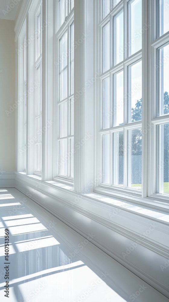 Fototapeta premium Bright Interior Architecture: White Windows with Sunlight Casting Dramatic Shadows, Fresh Perspective, Classic Design.