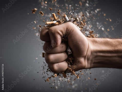 A clenched fist crushes a cluster of cigarettes against a gray surface, scattering tobacco and broken pieces. The hand's firm grip symbolizes determination, visually representing breaking free from s