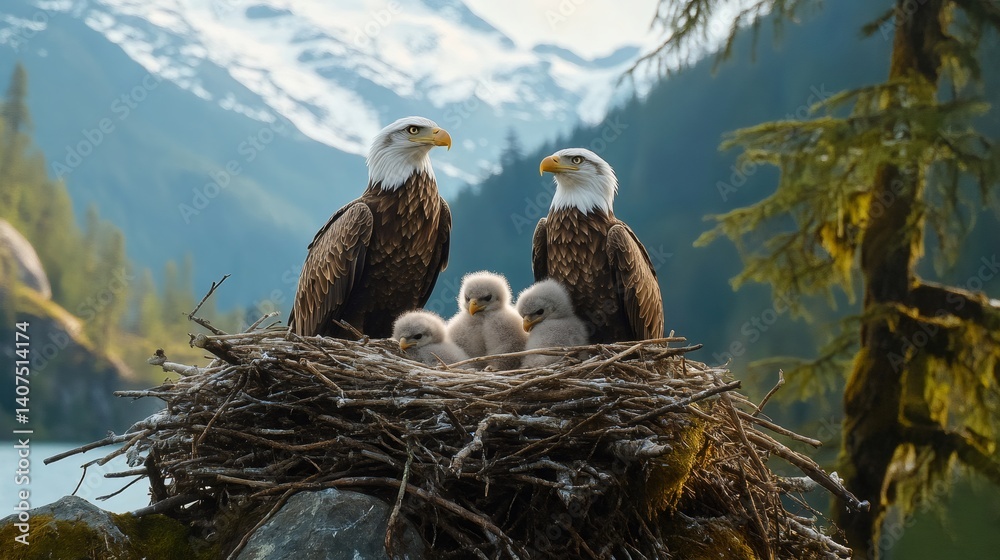 Bald eagle family protecting chicks in nest overlooking mountain lake