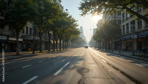 Serene Morning City Street Sunlit Trees Empty Road Buildings