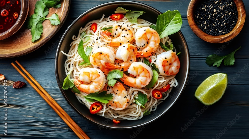 Delicious asian noodles with shrimps, vegetables, lime, and spices