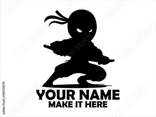 Stealthy cartoon ninja warrior in black attire wielding a sharp katana sword with focused intensity. Martial arts concept, ninja warrior logo design and ninja warrior vector design