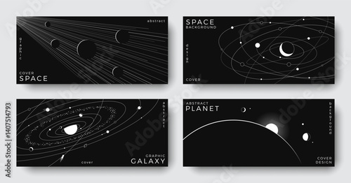Set of abstract space astronomy horizontal backgrounds. Line art galaxy, universe, planet, solar system. Black and white science concept. Cosmic design for cover, poster, ads, banner, flyer, brochure
