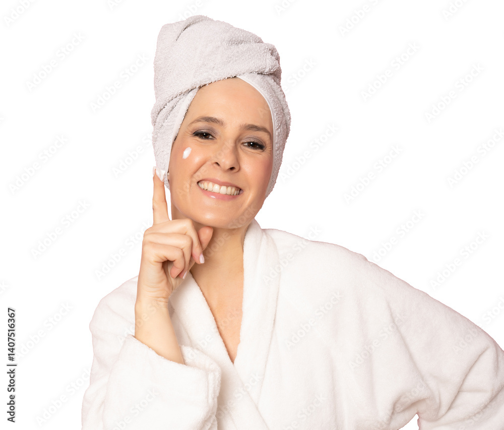 Happy young woman in bathrobe with cream in her face standing isolated over transparent background. Beauty concept. Happy young woman in bathrobe with cream in her face standing isolated over transparent background. Beauty concept.