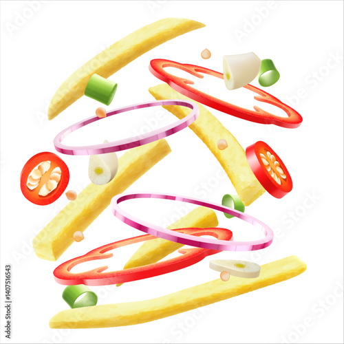 French fries ads, tasty seasoned french fries sticks flying with purple onions, bell pepper and chili pepper rings, garlic and scallion isolated on white background. Realistic 3d vector illustration