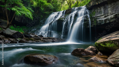 Beautiful waterfall in the middle of a forest with green and rocks