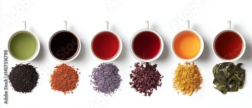A visual representation of the five types of tea, with each type represented by its unique color and style in white cups on an isolated background. The left side features green, black, oolong, rooibo