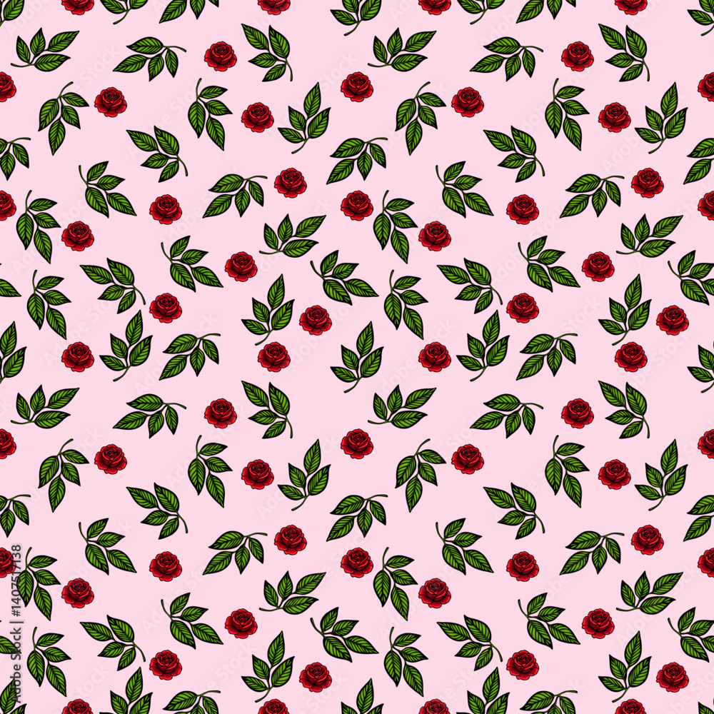 A seamless vector pattern featuring red roses and green leaves on a soft pink background. 