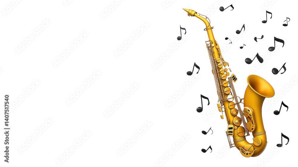 Naklejka premium A vibrant and soulful golden saxophone surrounded by a cloud of musical notes capturing the essence of expressive and captivating musical performance