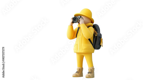 Adventurous photographer wearing a yellow safety helmet and backpack using a to capture the natural landscape during an outdoor expedition or field research