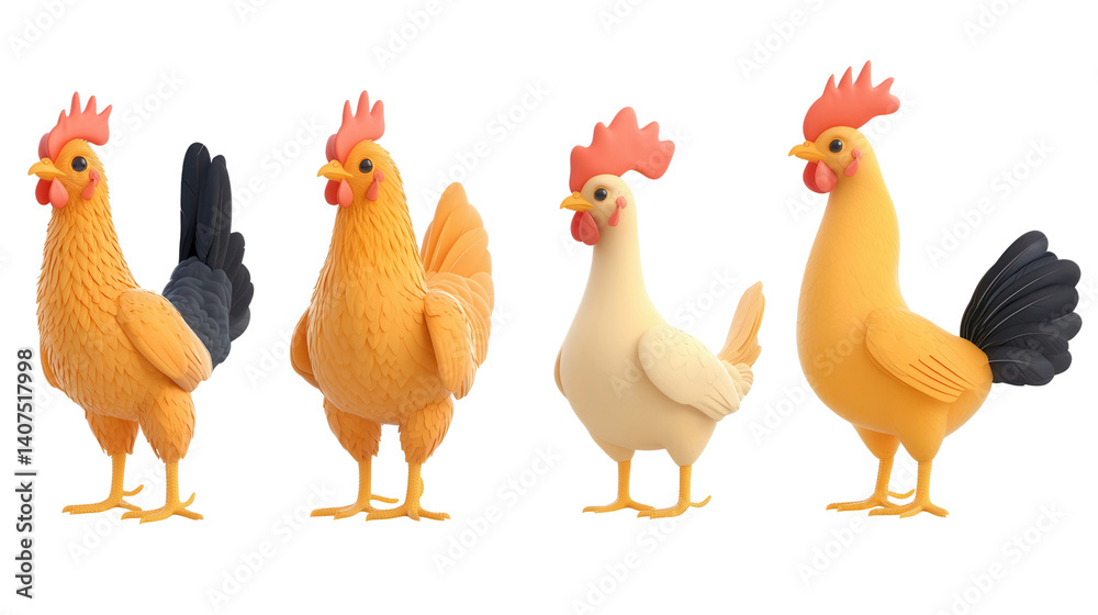 Fototapeta premium A group of four vibrant domestic chickens including roosters and hens standing together in a studio setting