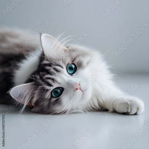 Fluffy white and gray cat lying on the floor with striking blue eyes, looking up