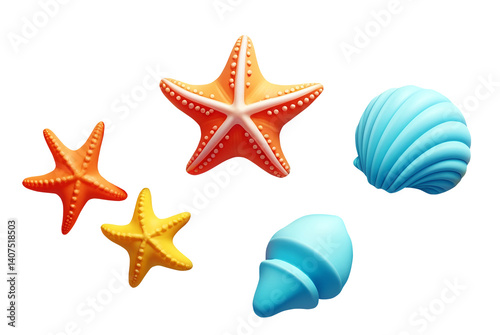 3d plastic play doh render of blue orange yellow starfish and shells isolated on white background, colour modelling clay marine life icons cut out with copy space