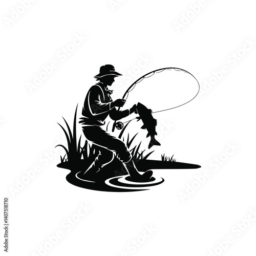 Fisherman Fishing Silhouette illustration isolated on a white background