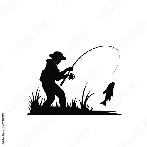 Fisherman Fishing Silhouette illustration isolated on a white background