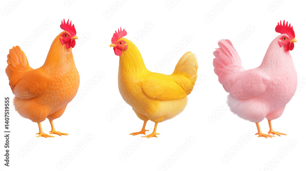 Fototapeta premium A group of three bright and fluffy chickens in different colors orange yellow and pink standing against a clean white background with copyspace