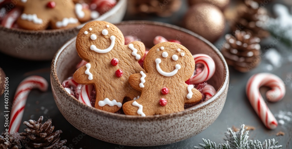 Fototapeta premium Christmas Background Festive Holiday Scene Gingerbread Man Candy Canes Merry Winter Decor