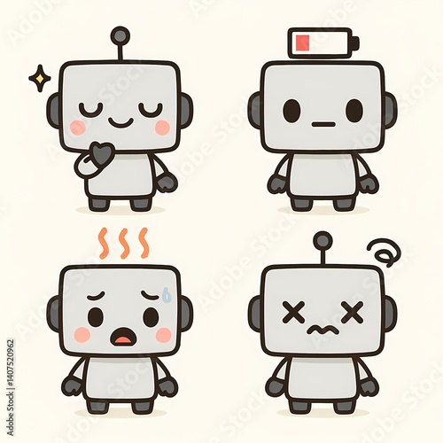 Adorable cartoon robot character showing various emotions and states—happy, low battery, overheating, and shutdown—in a kawaii-style design set.